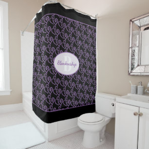 Monogram Purple Linked Hearts Pattern Over Black Shower Curtain