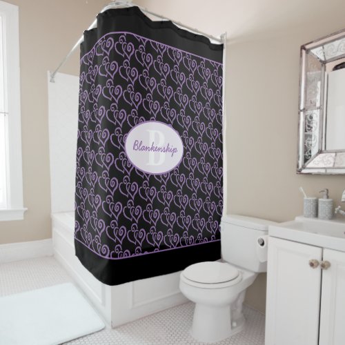 Monogram Purple Linked Hearts Pattern Over Black Shower Curtain