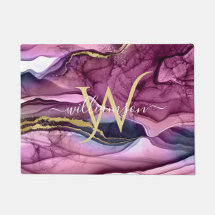 Monogram Purple Magenta Pink & Gold Agate Geode  Doormat