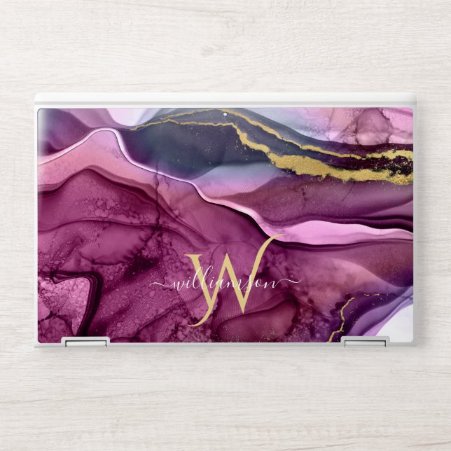 Monogram Purple Magenta Pink & Gold Agate Geode HP Laptop Skin (Front)