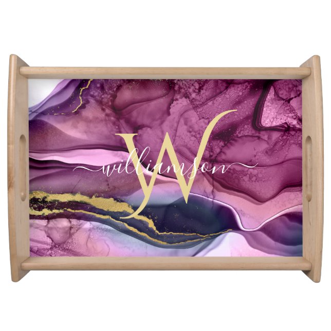 Monogram Purple Magenta Pink & Gold Agate Geode    Serving Tray (Front)