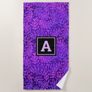 Monogram purple ombre leaf pattern modern bold beach towel