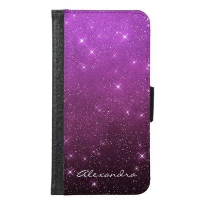 Monogram Purple Ombre Sparkle Stars Midnight Sky Samsung Galaxy S6 Wallet Case