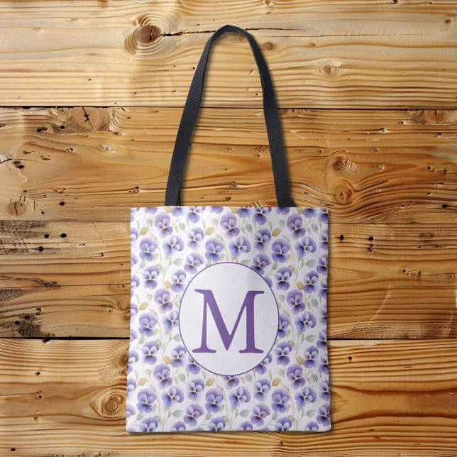 Monogram Purple Pansy Flower Pattern Watercolor  Tote Bag (Creator Uploaded)