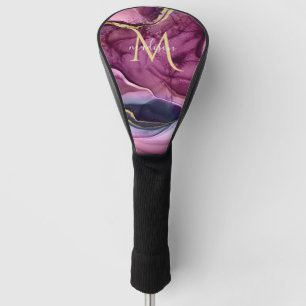 Monogram Purple Pink and Gold Agate Geode Golf He Golf Head Cover