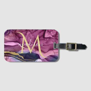 Monogram Purple Pink and Gold Agate Geode Luggage Tag
