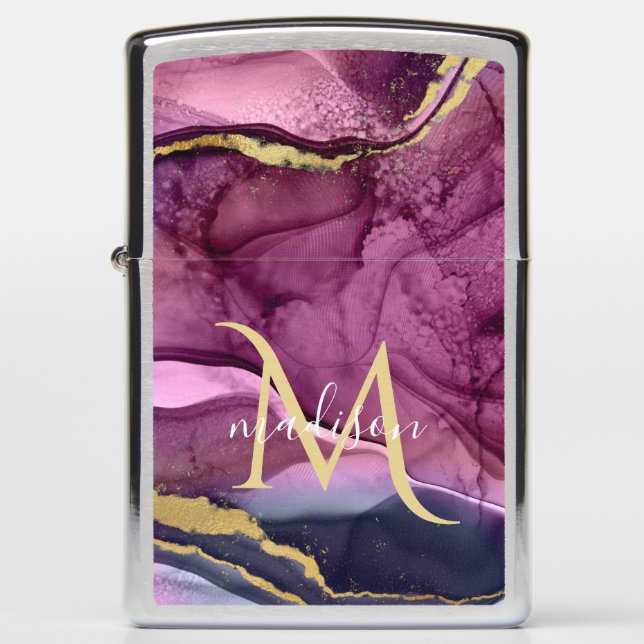 Monogram Purple Pink and Gold Agate Geode  Zippo Lighter (Front)