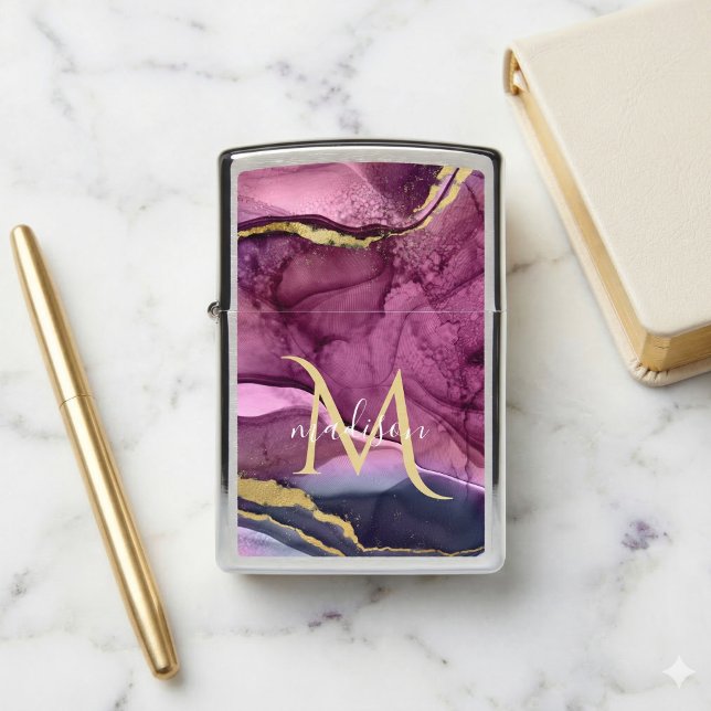 Monogram Purple Pink and Gold Agate Geode  Zippo Lighter (Creator Uploaded)
