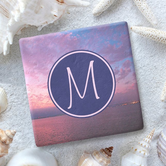 Monogram Purple Pink Blue California Ocean Sunset Stone Coaster (Creator Uploaded)