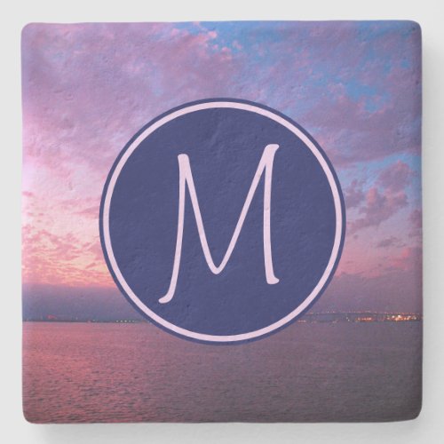 Monogram Purple Pink Blue California Ocean Sunset Stone Coaster