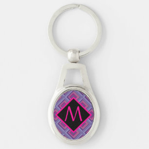 Monogram Purple Pink Diamond Checker Pattern Artsy Keychain