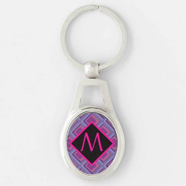 Monogram Purple Pink Diamond Checker Pattern Artsy Keychain (Front)
