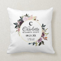 Monogram Purple Pink Floral Birth Stats Throw Pillow