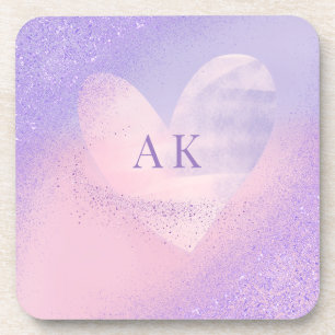Monogram Purple Pink Gradient Heart Beverage Coaster
