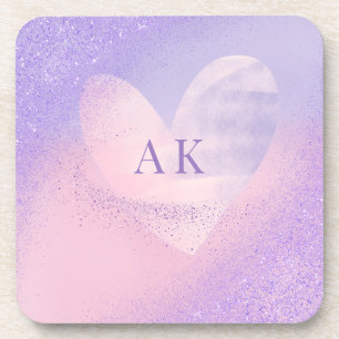 Monogram Purple Pink Gradient Heart Beverage Coaster