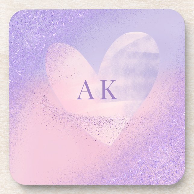 Monogram Purple Pink Gradient Heart  Beverage Coaster (Front)