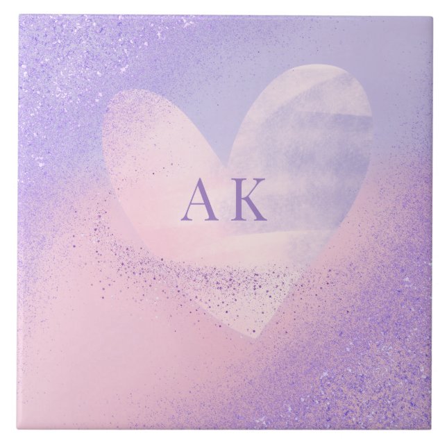 Monogram Purple Pink Gradient Heart  Ceramic Tile (Front)