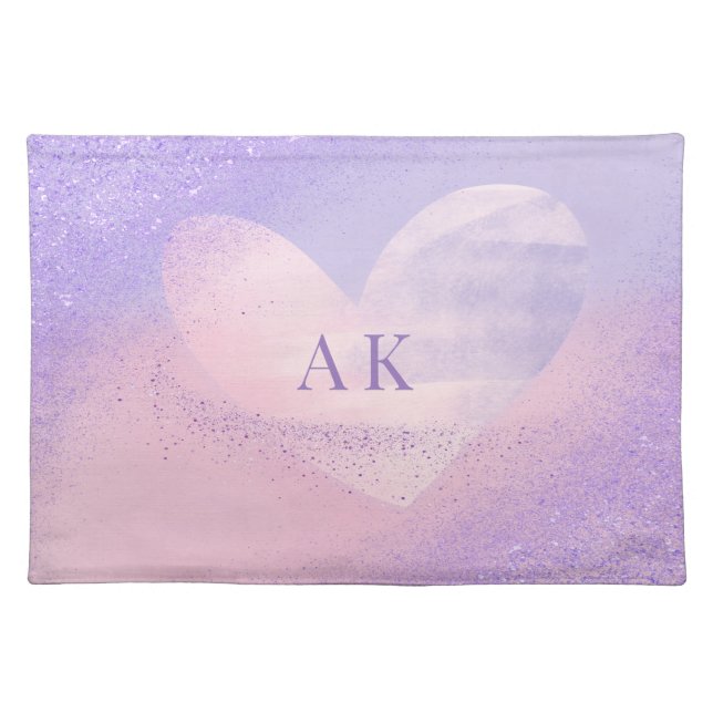 Monogram Purple Pink Gradient Heart Cloth Placemat (Front)