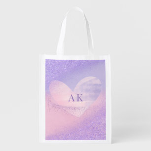Monogram Purple Pink Gradient Heart Grocery Bag