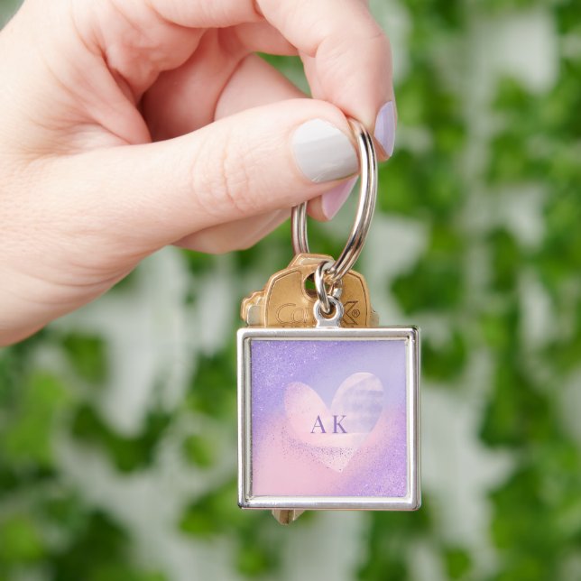 Monogram Purple Pink Gradient Heart  Keychain (Hand)