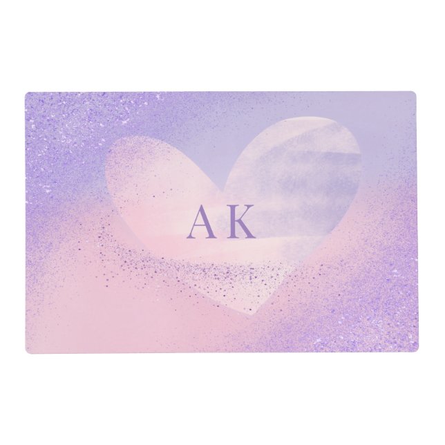 Monogram Purple Pink Gradient Heart Placemat (Front)