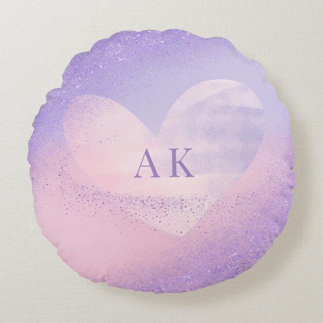 Monogram Purple Pink Gradient Heart Round Pillow (Front)