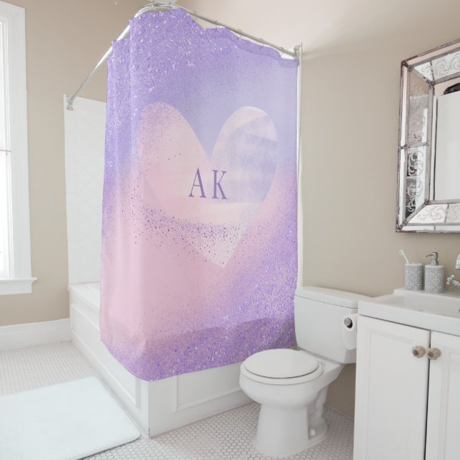Monogram Purple Pink Gradient Heart  Shower Curtain (In Situ)