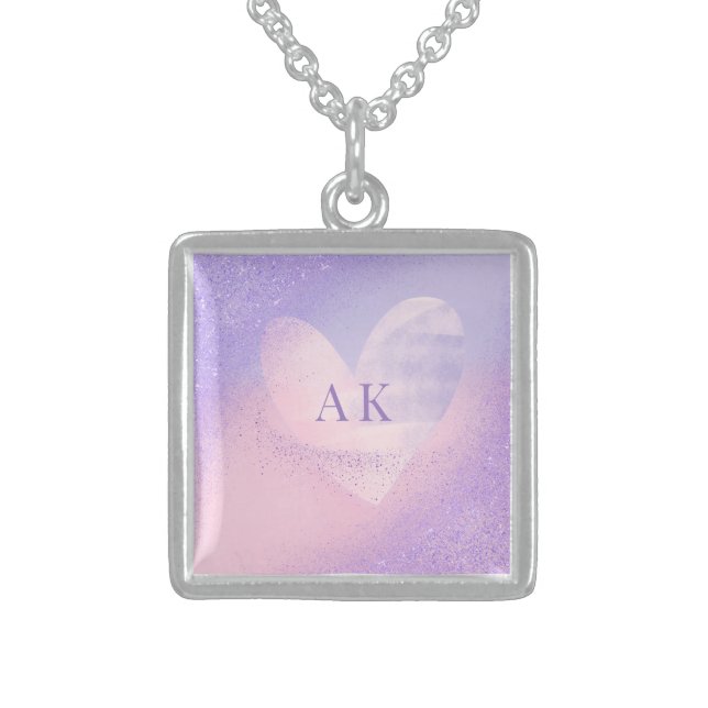 Monogram Purple Pink Gradient Heart  Sterling Silver Necklace (Front)