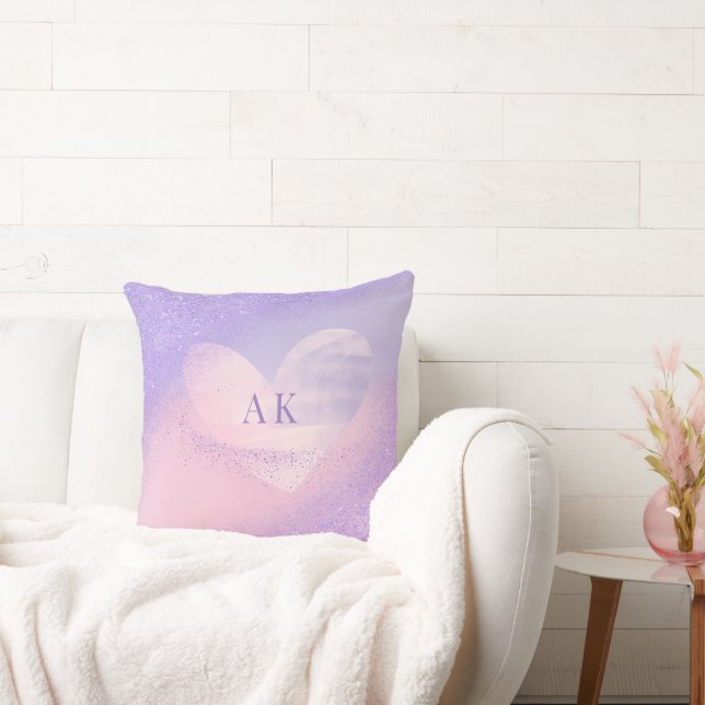 Monogram Purple Pink Gradient Heart  Throw Pillow (Couch)