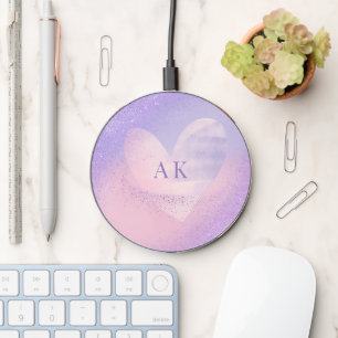Monogram Purple Pink Gradient Heart Wireless Charger