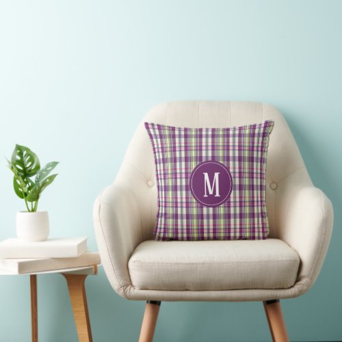 Monogram Purple Pink Green Design Plaid Pattern Throw Pillow