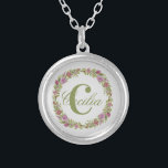 Monogram Purple Pink Green Floral Gift Her Silver Plated Necklace<br><div class="desc">Personalize this Round Silver Necklace with your last name or first name and your initial.  You are able to change the font or the color of the text.</div>