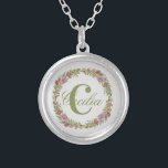 Monogram Purple Pink Green Floral Gift Her Silver Plated Necklace<br><div class="desc">Personalize this Round Silver Necklace with your last name or first name and your initial.  You are able to change the font or the color of the text.</div>