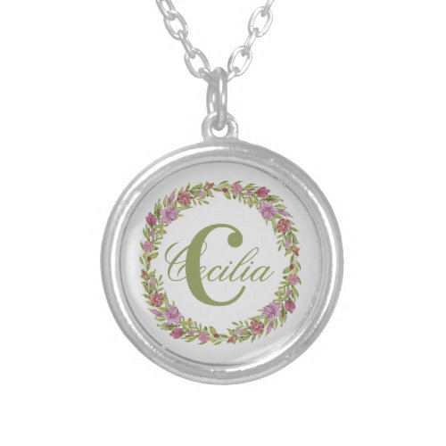 Monogram Purple Pink Green Floral Gift Her Silver Plated Necklace