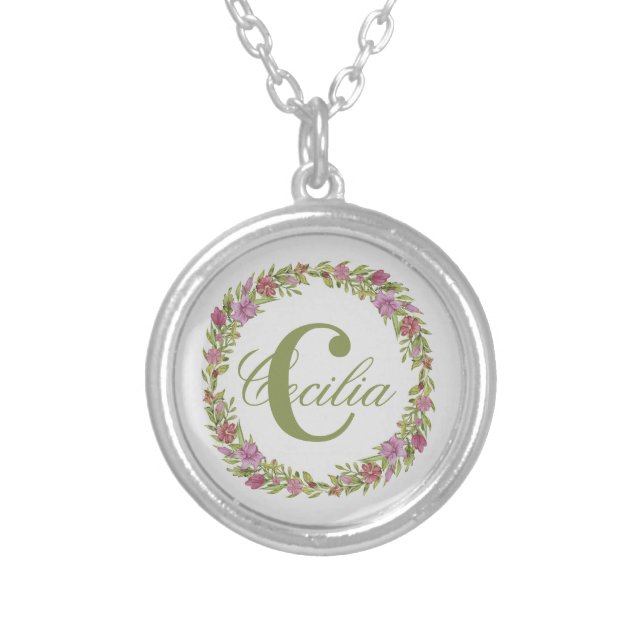 Monogram Purple Pink Green Floral Gift Her Silver Plated Necklace (Front)