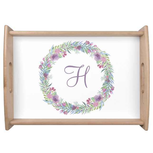 Monogram Purple Pink Green Floral Pastels Serving Tray (Front)