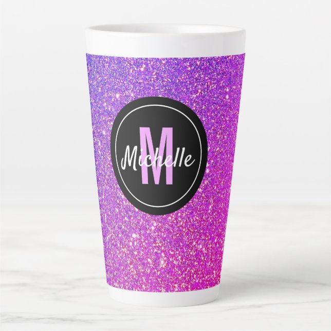 Monogram Purple Pink Ombre Glitter Girly Latte Mug (Front)