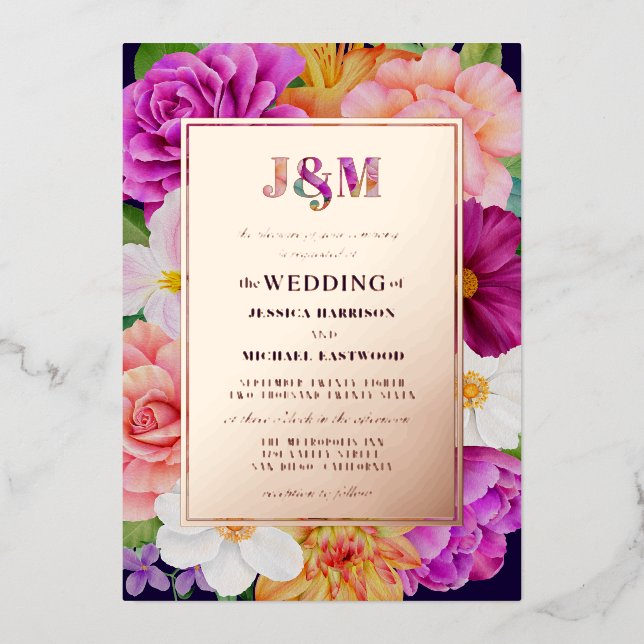 Monogram Purple Pink Roses Bold Floral Wedding Foil Invitation (Front)