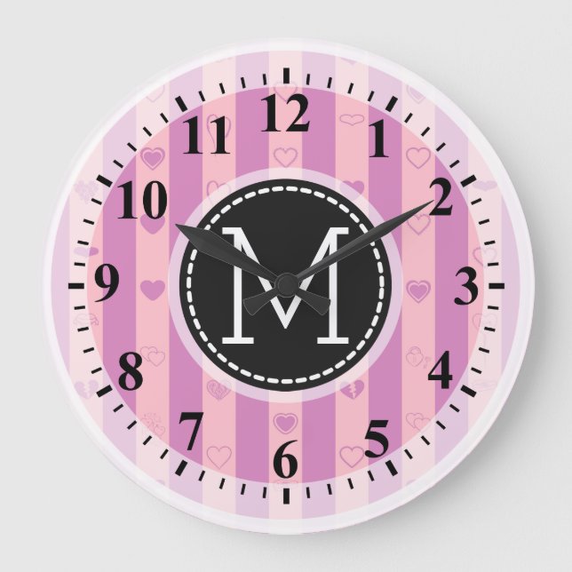 Monogram Purple Pink Stripes Modern Heart Pattern Large Clock (Front)
