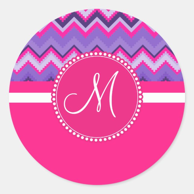 Monogram Purple Pink Tribal Chevron Zig Zags Classic Round Sticker (Front)