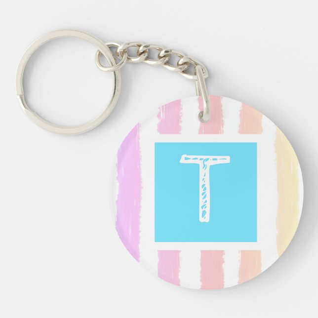 Monogram Purple Pink Watercolor Stripes  Keychain (Front)
