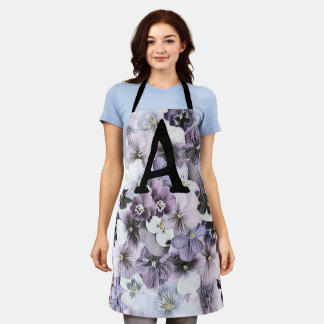 Monogram Purple Pink White Pansies Vintage Drawing Apron