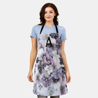 Monogram Purple Pink White Pansies Vintage Drawing Apron