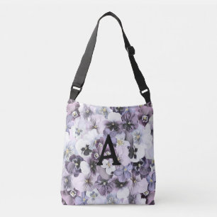 Monogram Purple Pink White Pansies Vintage Drawing Crossbody Bag