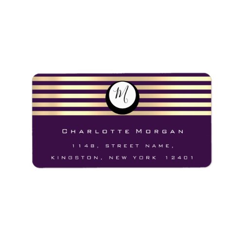 Monogram Purple Plum Faux Gold RSVP Stripes Label