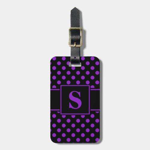 Monogram Purple Polka Dots on Black Luggage Tag