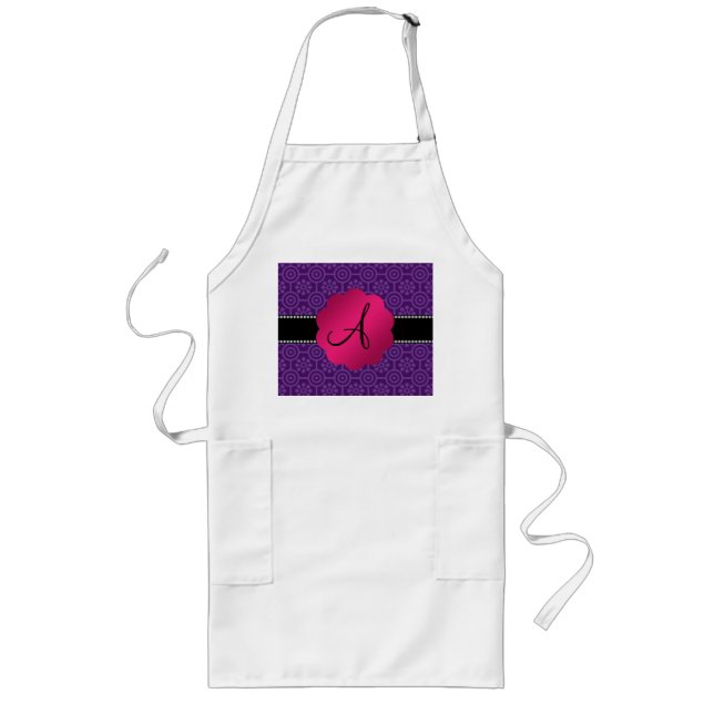 Monogram purple retro flowers and circles long apron (Front)