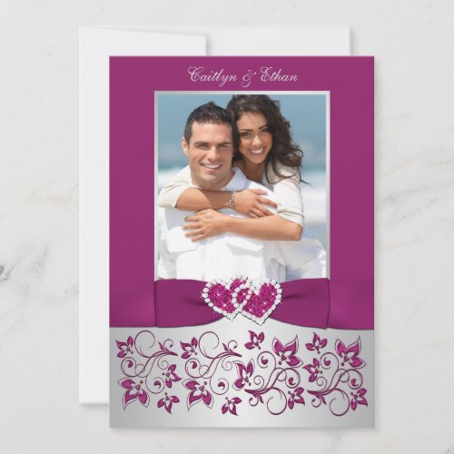 Monogram Purple Silver Floral PHOTO Wedding Invite
