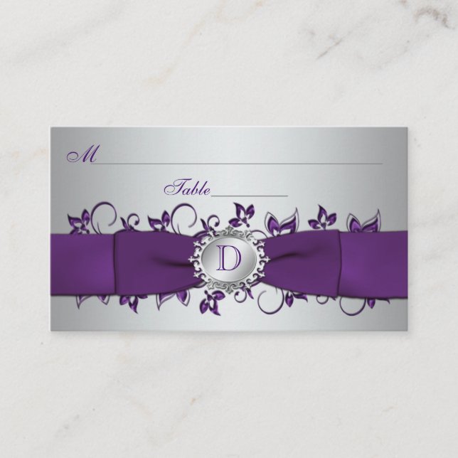 Monogram Purple Silver Floral Place Card (Front)