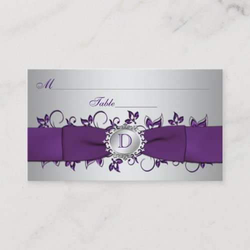 Monogram Purple Silver Floral Place Card Business Cards